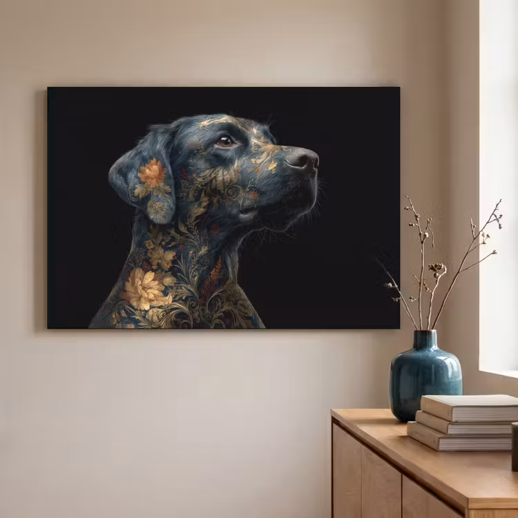 Hond - Zwart - Bloemen Textielframe - compleet frame klein -sfeer2