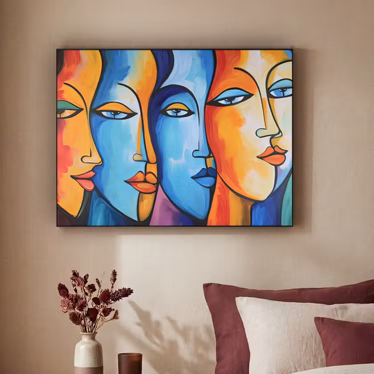 Hoofd - Olieverf - Schilderij - Kleurrijk Textielframe zwart klein -sfeer1