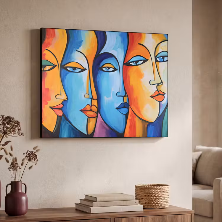 Hoofd - Olieverf - Schilderij - Kleurrijk Textielframe zwart klein -sfeer3