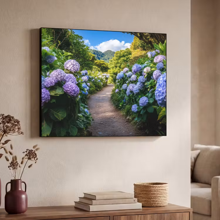Hortsensia - Pad - Bloemen Textielframe zwart klein -sfeer3