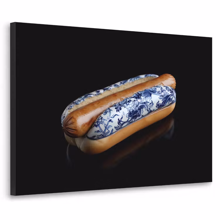 Hotdog - Porselein - Delfts blauw - Eten Textielframe zwart klein -3d