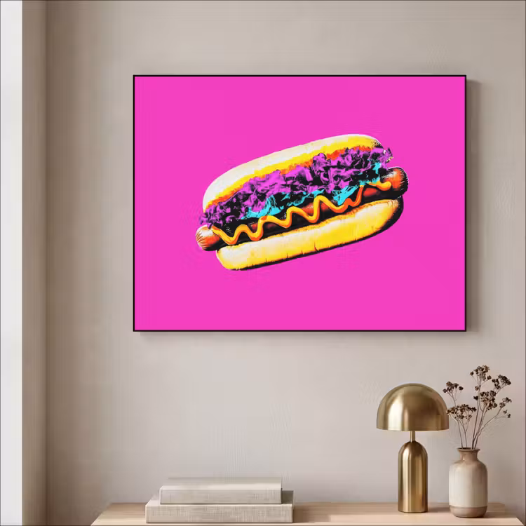 Hotdog - Roze - Retro Textielframe zwart klein -sfeer2