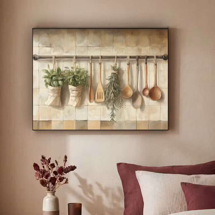 Hout - Keukengerei - Stilleven - Tegels Textielframe zwart klein -sfeer1