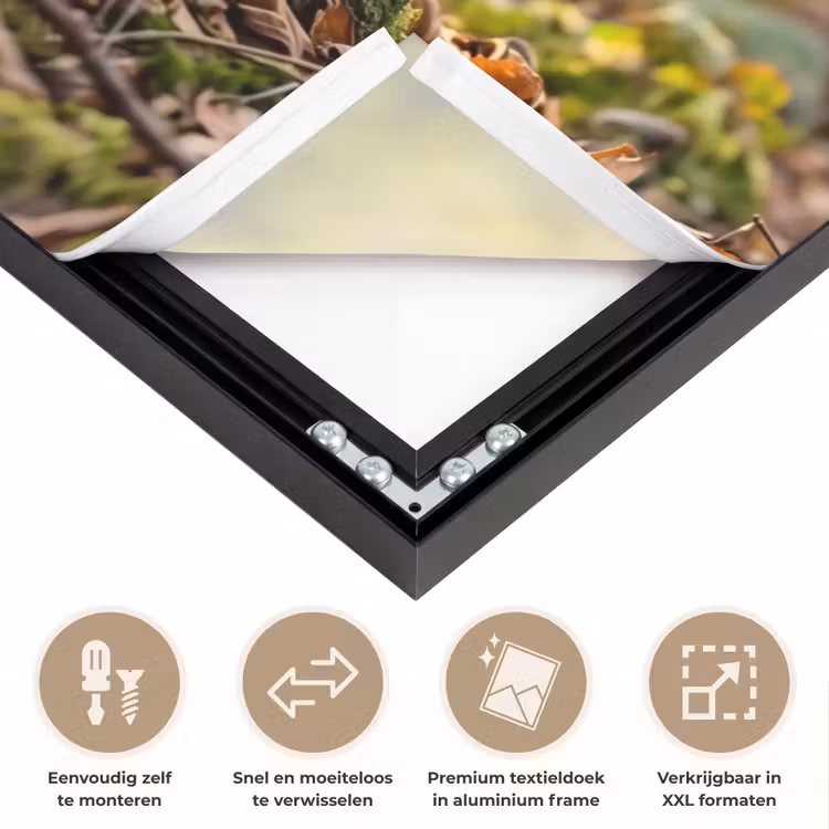 Houtsnip - Bos - Bladeren - Herfst - Gecamoufleerd Textielframe zwart klein -USP_closeupNL