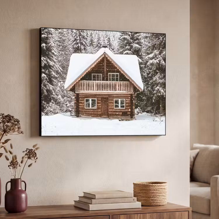 Huis - Bos - Winter - Natuur - Sneeuw Textielframe zwart klein -sfeer3