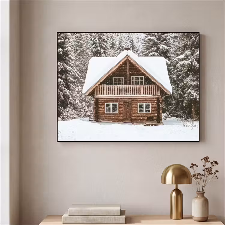 Huis - Bos - Winter - Natuur - Sneeuw Textielframe - compleet frame klein -sfeer2