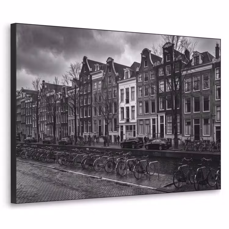 Huis - Gracht - Amsterdam - Architectuur - Zwart-wit Textielframe zwart klein -3d