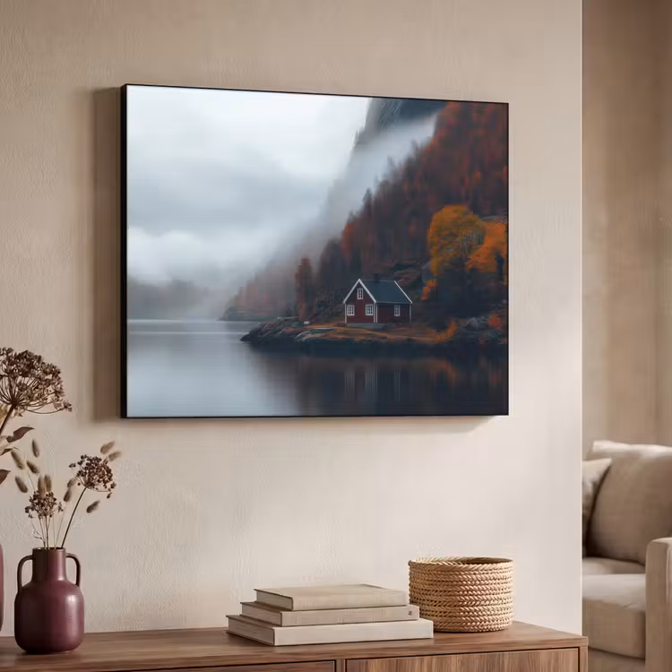 Huis - Rood - Bergen - Water Textielframe - compleet frame klein -sfeer3