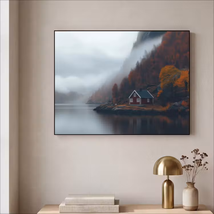 Huis - Rood - Bergen - Water Textielframe zwart klein -sfeer2