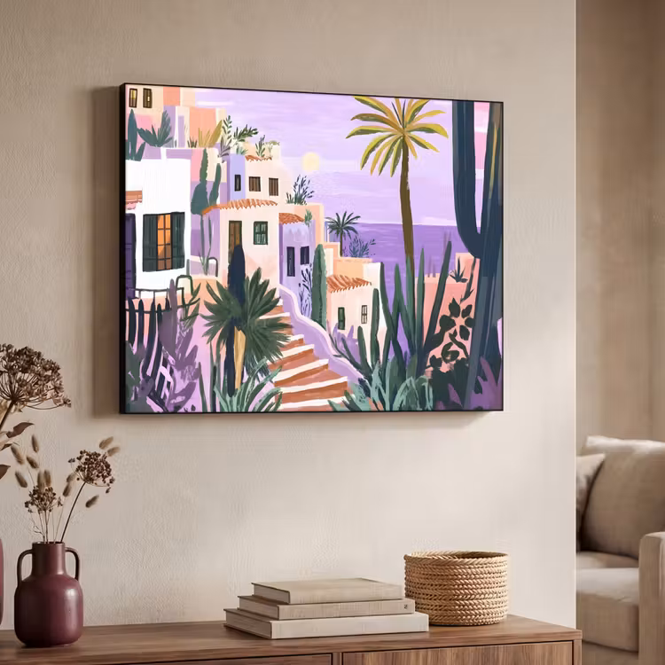 Huizen - Minimalistisch - Palmbomen - Kust Textielframe zwart klein -sfeer3