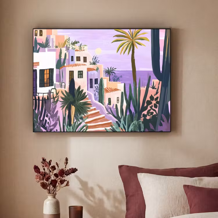 Huizen - Minimalistisch - Palmbomen - Kust Textielframe zwart klein -sfeer1