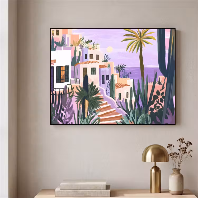 Huizen - Minimalistisch - Palmbomen - Kust Textielframe - compleet frame klein -sfeer2