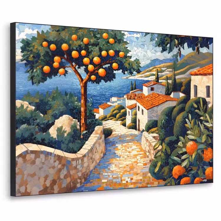 Huizen - Mozaïek - Sinaasappelbomen - Zee Textielframe - compleet frame klein -3d