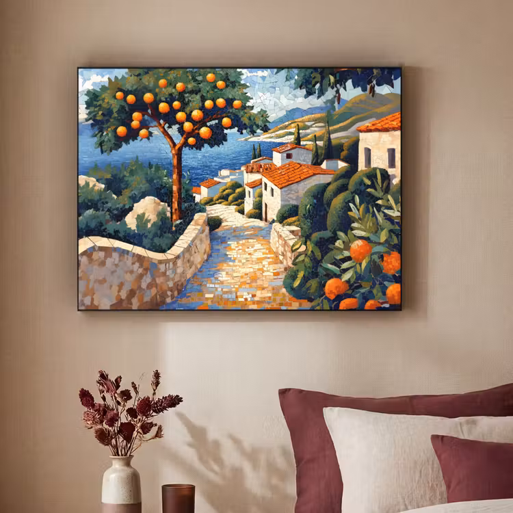 Huizen - Mozaïek - Sinaasappelbomen - Zee Textielframe - compleet frame klein -sfeer1