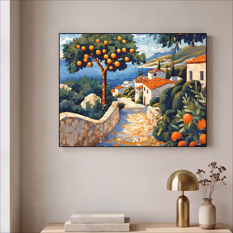 Huizen - Mozaïek - Sinaasappelbomen - Zee Textielframe - compleet frame klein -sfeer2