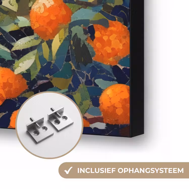 Huizen - Mozaïek - Sinaasappelbomen - Zee Textielframe zwart klein -USP_ophangsysteemNL