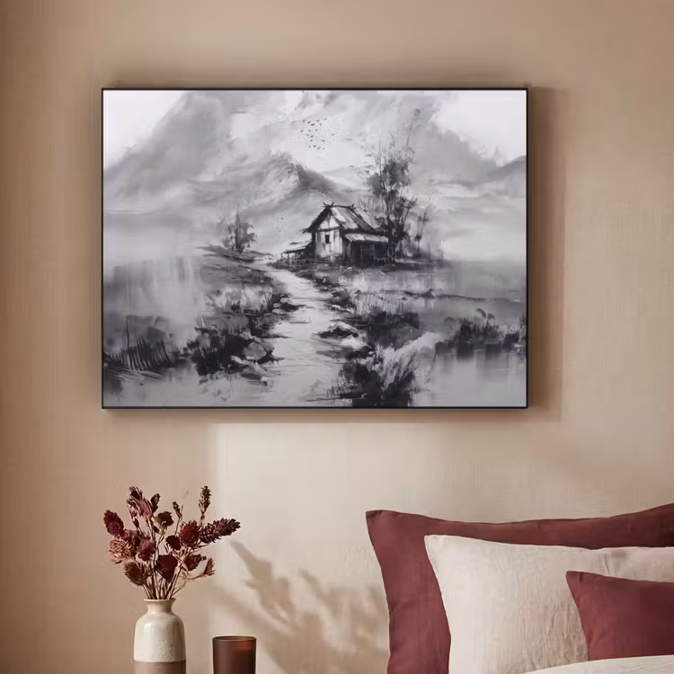 Hut - Grijs - Bergen - Mistig Textielframe zwart klein -sfeer1