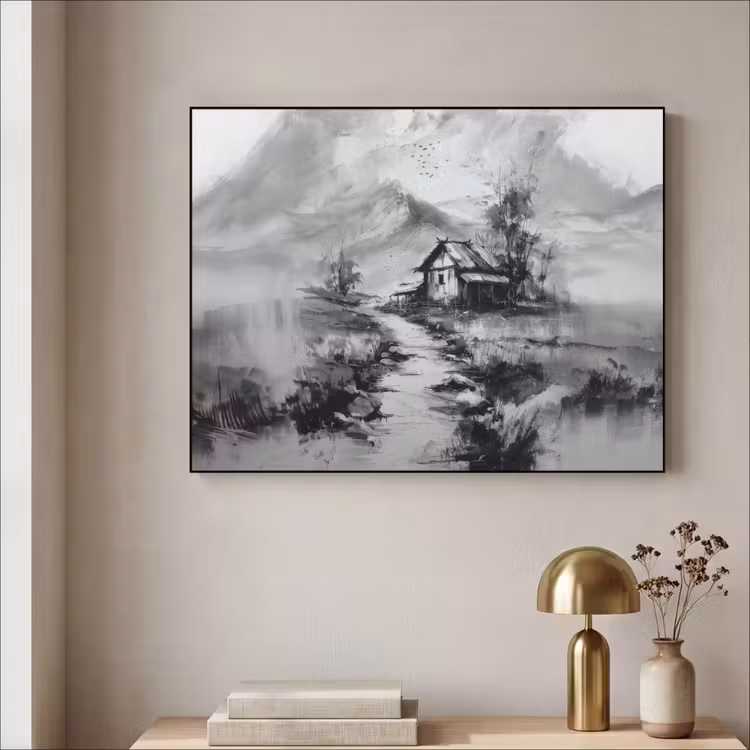 Hut - Grijs - Bergen - Mistig Textielframe zwart klein -sfeer2
