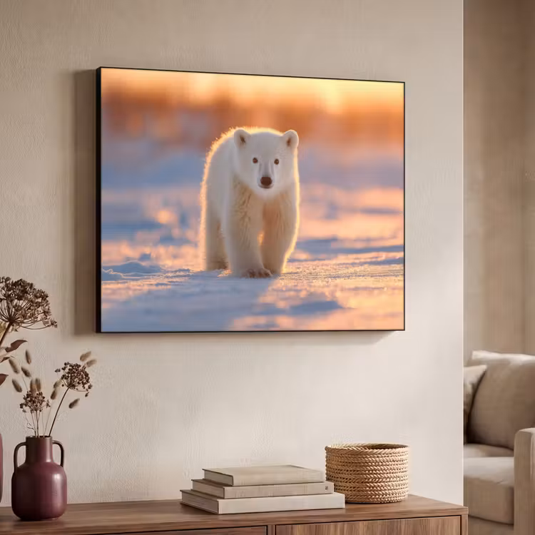 Ijsbeer - Sneeuw - Zonsopgang Textielframe zwart klein -sfeer3