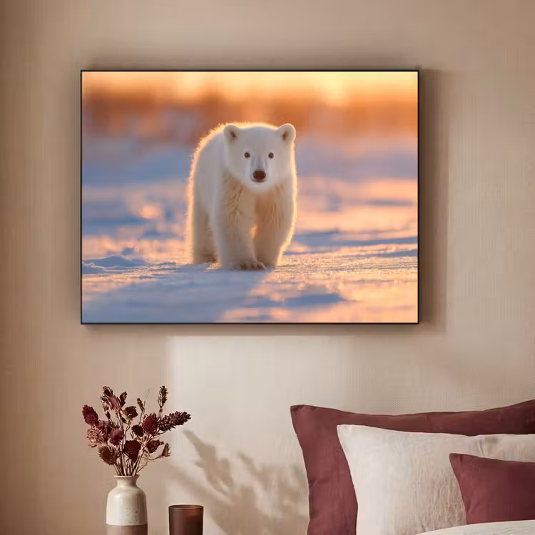 Ijsbeer - Sneeuw - Zonsopgang Textielframe - compleet frame klein -sfeer1