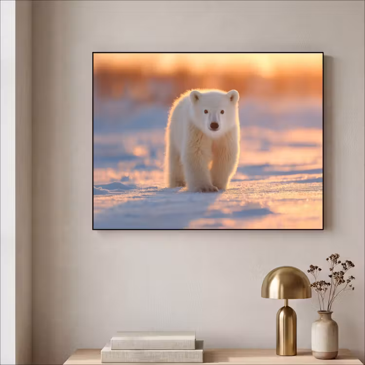 Ijsbeer - Sneeuw - Zonsopgang Textielframe - compleet frame klein -sfeer2