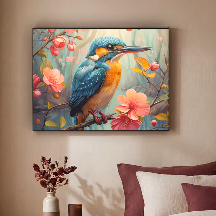 IJsvogel - Bloesem - Natuur - Vogels - Bloemen Textielframe zwart klein -sfeer1