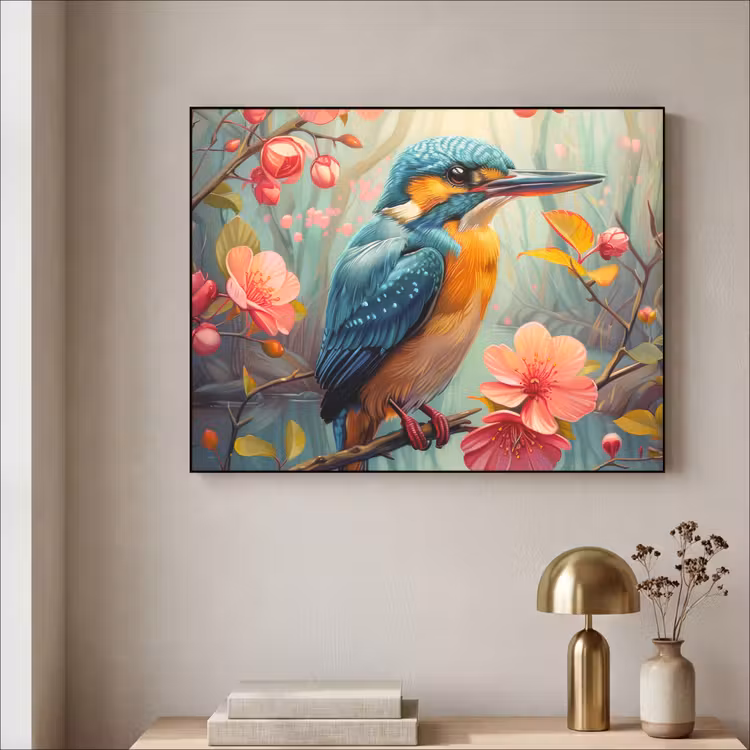 IJsvogel - Bloesem - Natuur - Vogels - Bloemen Textielframe zwart klein -sfeer2