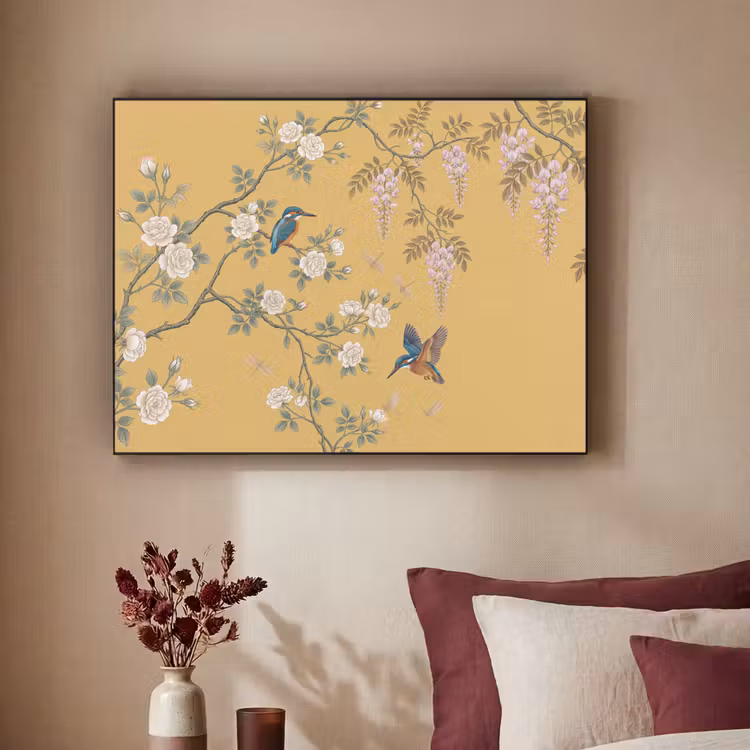 IJsvogels - Bloesem - Geel Textielframe zwart klein -sfeer1