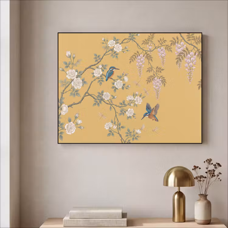 IJsvogels - Bloesem - Geel Textielframe zwart klein -sfeer2