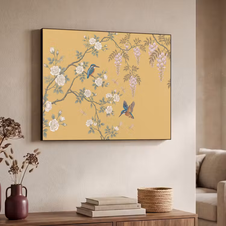 IJsvogels - Bloesem - Geel Textielframe zwart klein -sfeer3