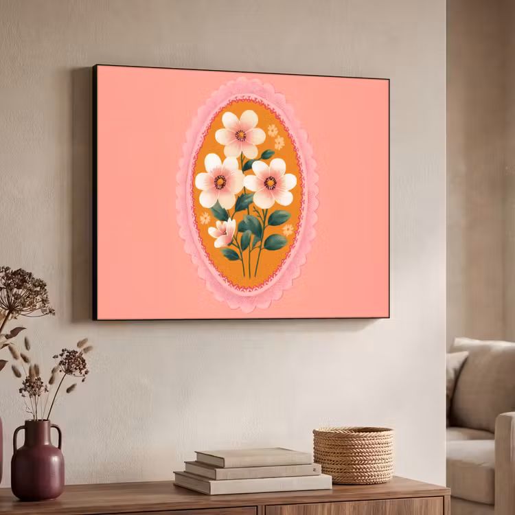 Illustratie - Bloemen - Rand - Roze Textielframe - compleet frame klein -sfeer3