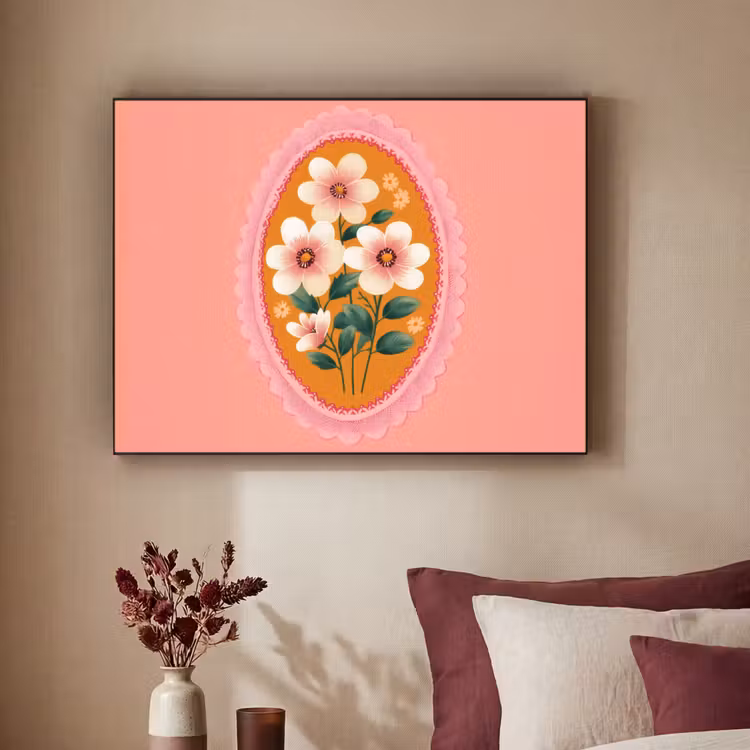 Illustratie - Bloemen - Rand - Roze Textielframe zwart klein -sfeer1