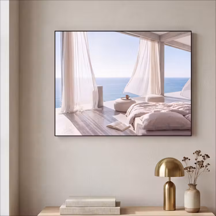Interieur - Zeezicht - Modern - Rust - Beige Textielframe zwart klein -sfeer2