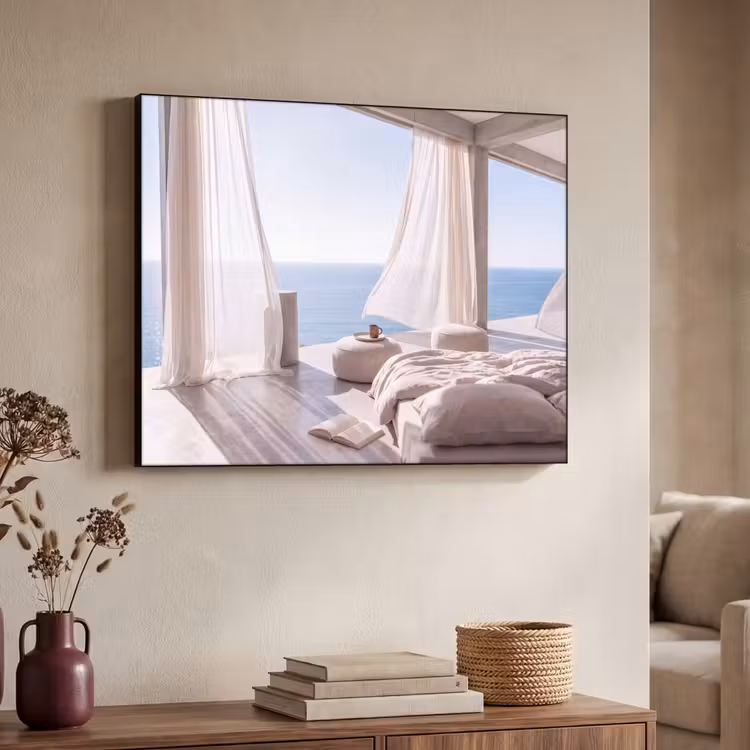 Interieur - Zeezicht - Modern - Rust - Beige Textielframe zwart klein -sfeer3