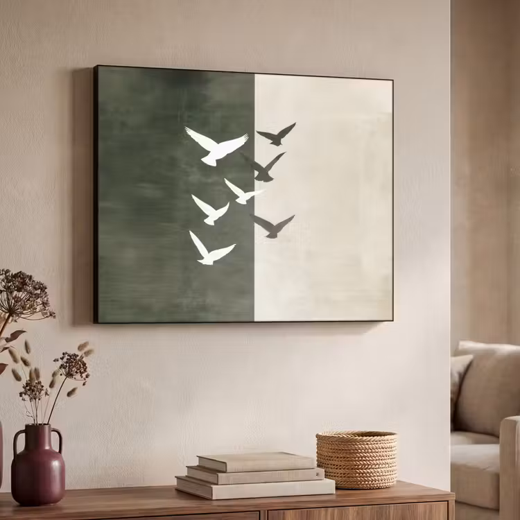 Japandi - Vogel - Groen Textielframe zwart klein -sfeer3
