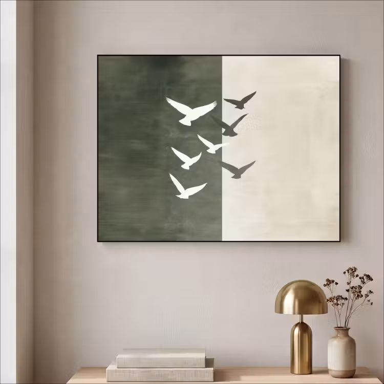 Japandi - Vogel - Groen Textielframe zwart klein -sfeer2
