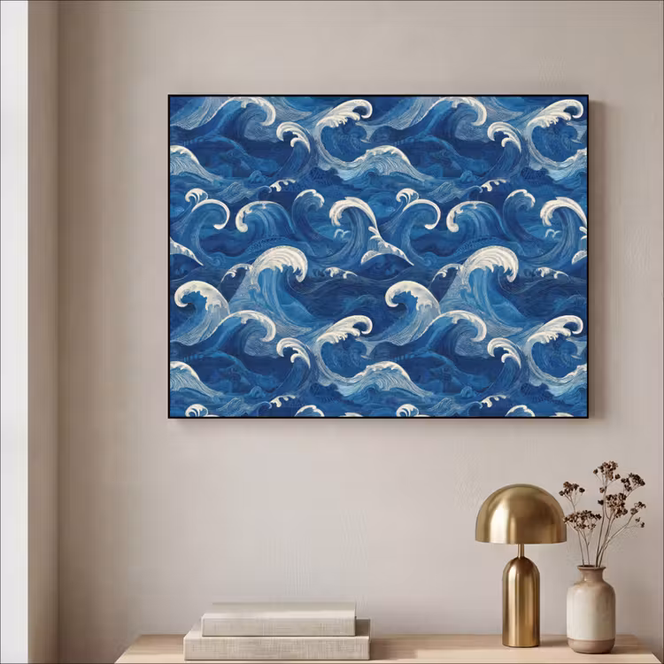 Japans - Oceaan - Golven - Blauw Textielframe zwart klein 947 -sfeer2