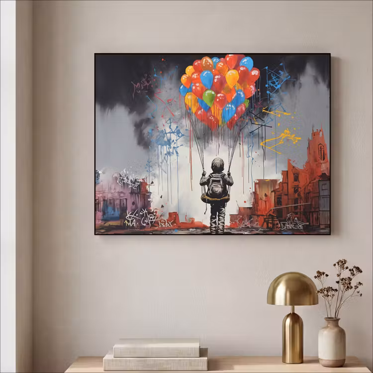 Jongen - Ballonnen - Gebouwen - Kunst Textielframe zwart klein -sfeer2