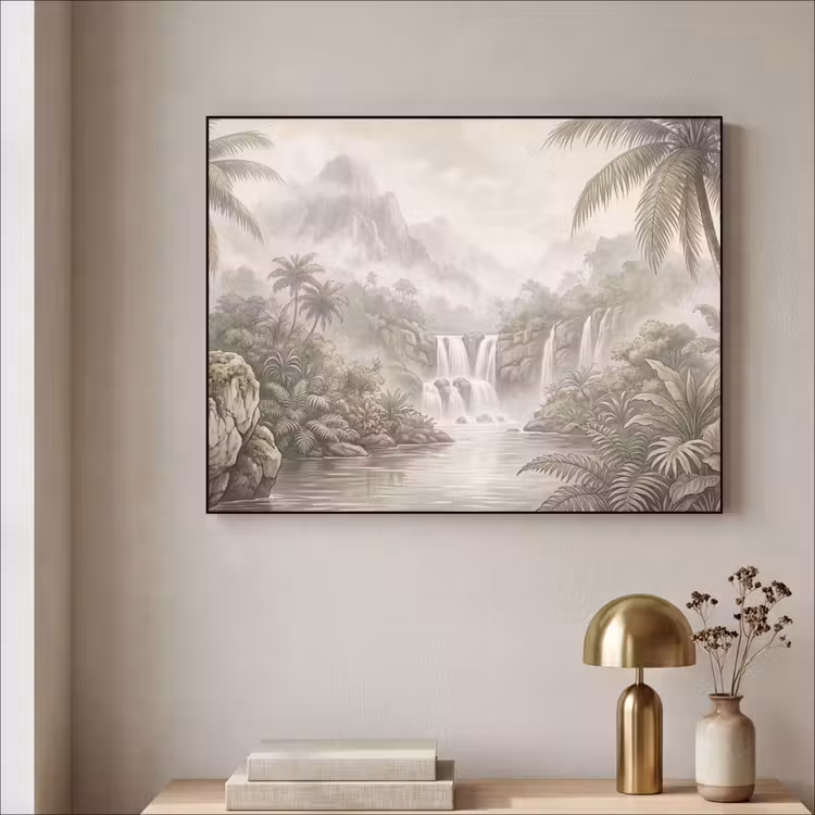 Jungle - Watervallen - Tropisch - Illustratie Textielframe zwart klein -sfeer2