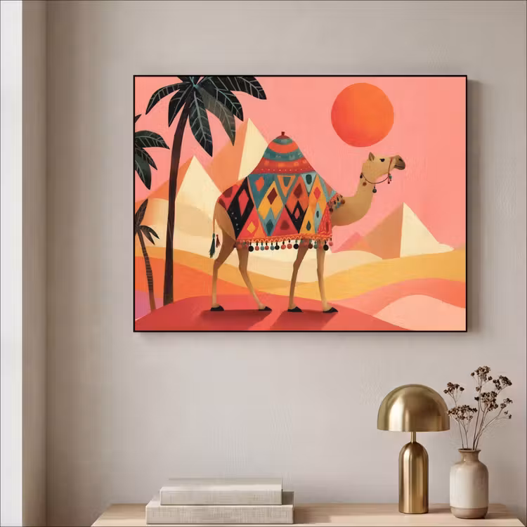 Kameel - Pyramides - Rode zon Textielframe zwart klein -sfeer2