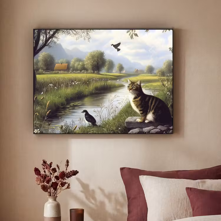 Kat - Beekje - Weide Textielframe zwart klein -sfeer1