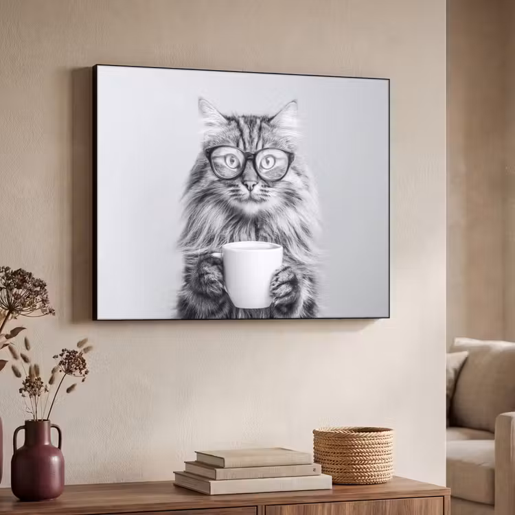 Kat - Bril - Mok - Pluizig Textielframe zwart klein -sfeer3