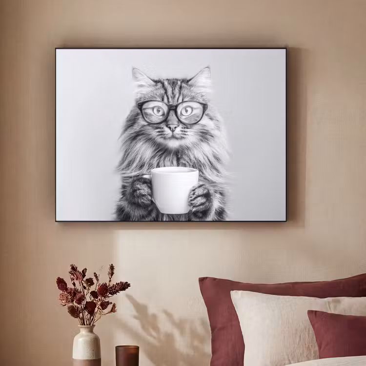 Kat - Bril - Mok - Pluizig Textielframe zwart klein -sfeer1