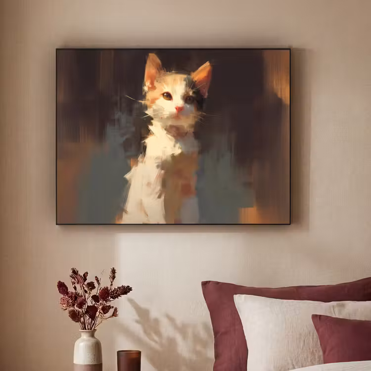 Kat - Geschilderd - Artistiek - Wit Textielframe - compleet frame klein -sfeer1