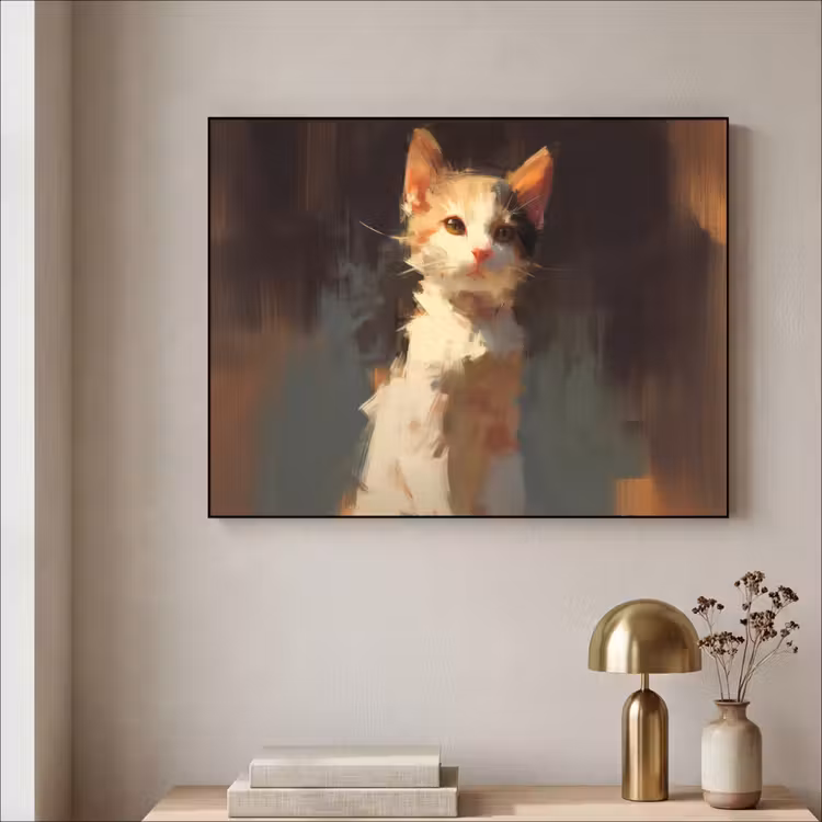 Kat - Geschilderd - Artistiek - Wit Textielframe zwart klein -sfeer2