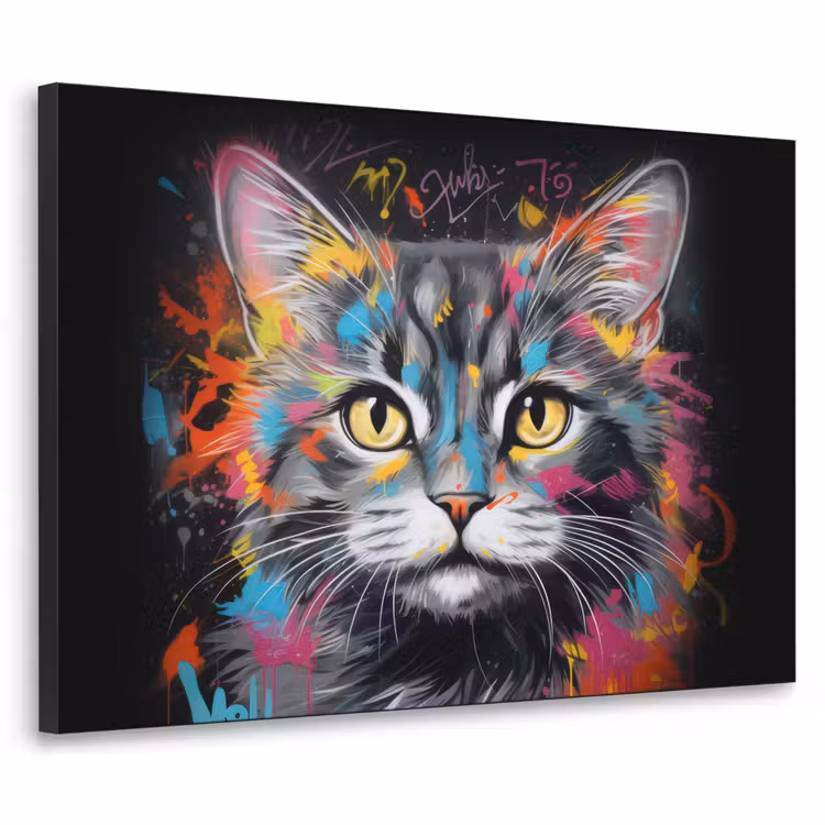 Kat - Graffiti - Dieren - Kleuren - Grijs Textielframe zwart klein -3d