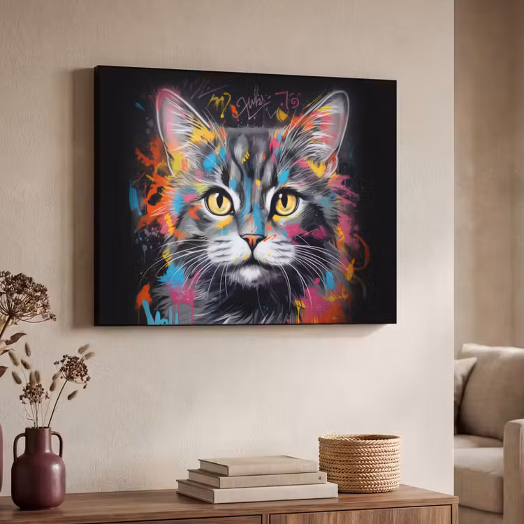 Kat - Graffiti - Dieren - Kleuren - Grijs Textielframe zwart klein -sfeer3