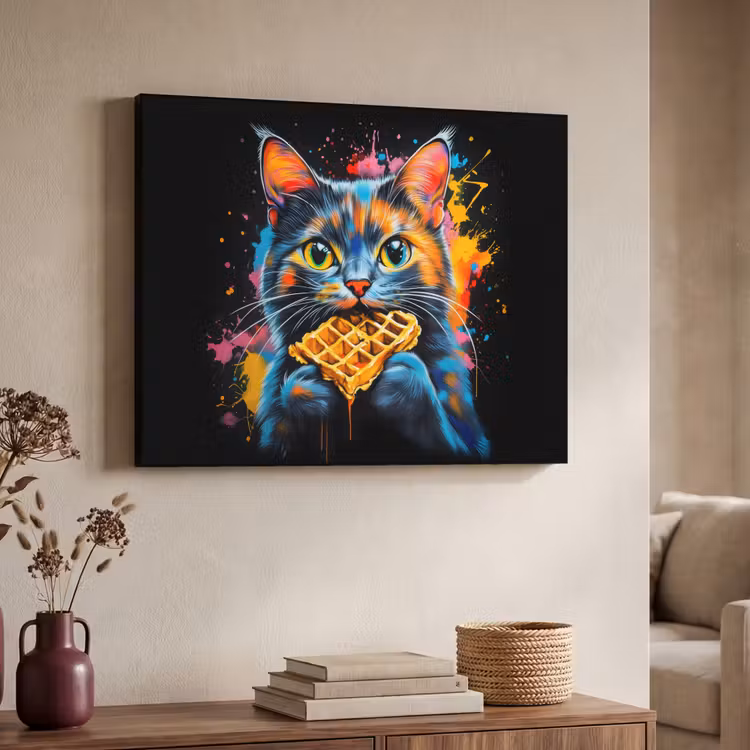 Kat - Graffiti - Kleurrijk - Wafel - Eten Textielframe zwart klein -sfeer3