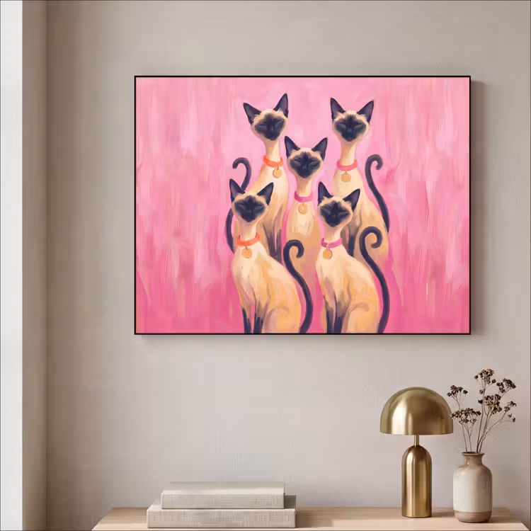 Kat - Groep - Dieren - Modern - Roze Textielframe zwart klein -sfeer2