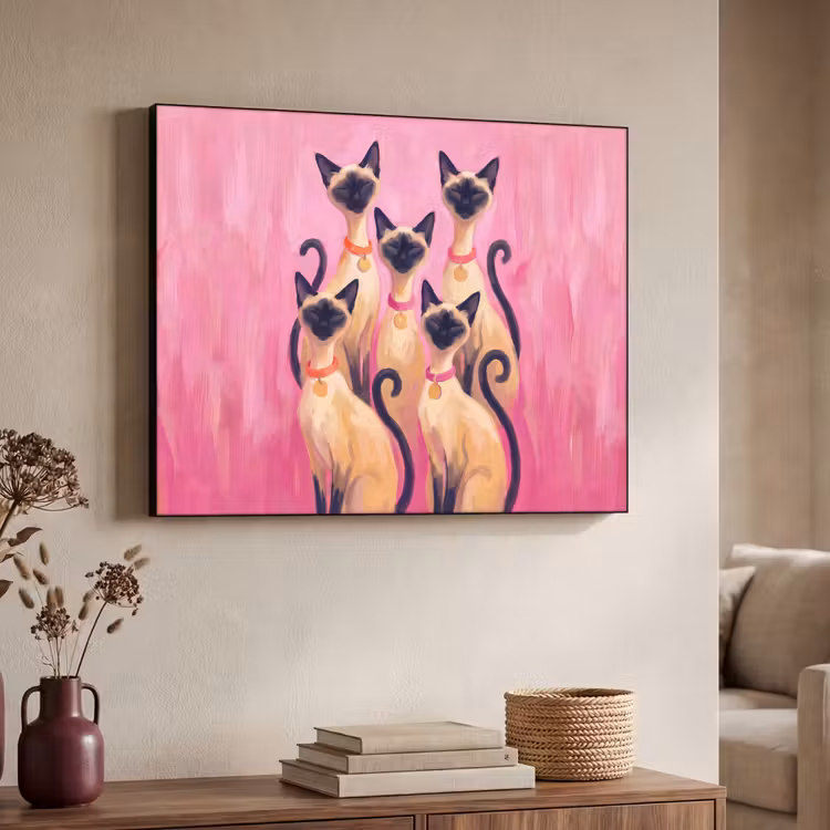 Kat - Groep - Dieren - Modern - Roze Textielframe zwart klein -sfeer3